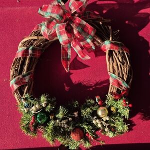 Plaid Ribbon Holiday Wreath with Greenery